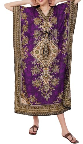 Divine threads - Vestido largo tipo kimono holgado con estampado floral caftán para mujer, para playa, talla grande, cuello en V, holgado, Púrpura, más
