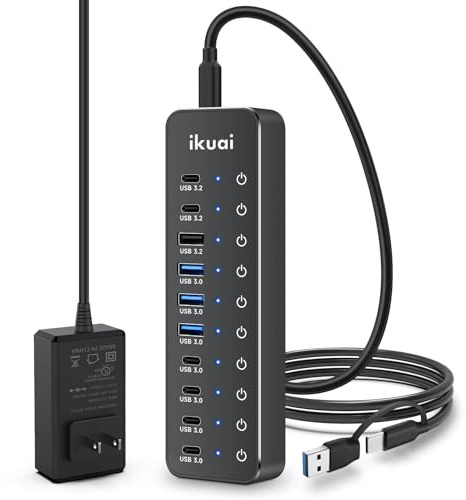 Powered USB Hub, ikuai 10-Port USB 3.2 / USB C Hub, with 3 10Gbps Data Ports and 7 USB 3.0 Ports (4 USB-C + 3 USB-A) for Mac PC Laptops and More