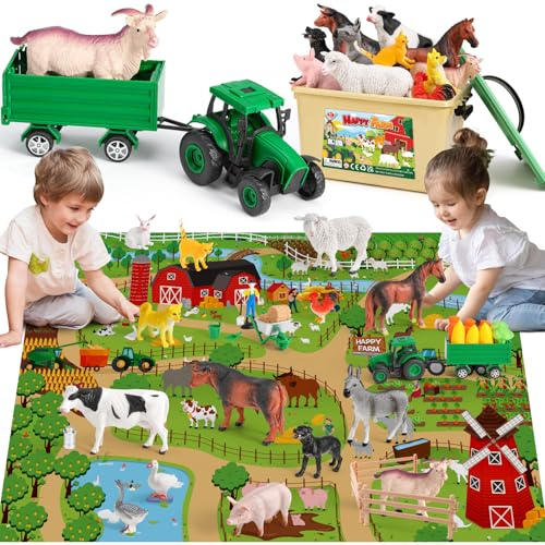 KNASON Fattoria Animali Bambini con 120x80cm Tappeto,38 Pezzi Animali Giocattolo con Giganti Animali Figure,Trattore Giocattolo e Fattoria Attrezzi,Educativo Animali Fattoria per Bambini 3 4 5 Anni