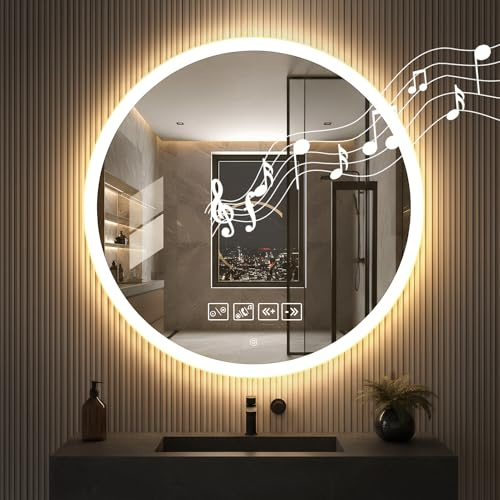 Worshow Espejo Baño con Luz y Bluetooth 60 x 60 cm, Espejo LED baño Regulable Circular con Función Antivaho, 3 Temperaturas de Color, Ajustes de Tiempo, Función de Memoria, Sensor Táctil