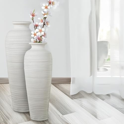 Jarron de Suelo de Ceramica Ondulada en Blanco Mate Ø27x80 cm