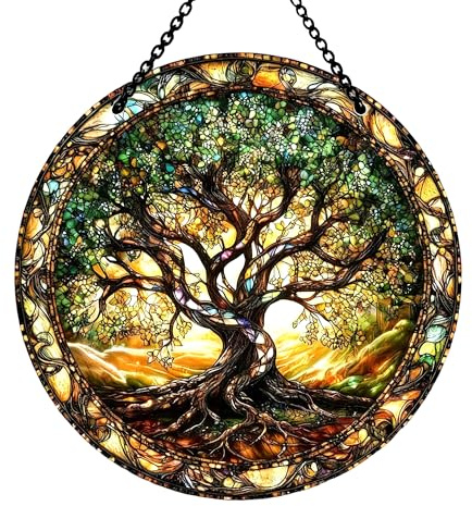 Colorful Acrylic Tree of Life Garden Decor, Weatherproof Round Hanging Wall Art for Fence, Patio, Porch, or Living Room, Beautiful Window Ornament for Indoor Outdoor Home Decoration
