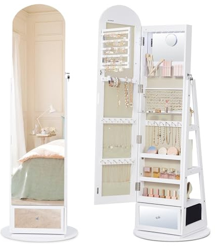 SONGMICS Armadietto Portagioie Girevole a 360° con LED, Specchiera Portagioielli a Figura Intera, Cassetto, Specchio Interno, Specchio Ingranditore, Ganci, Mensole, Bianco Nuvola JJC030WB01