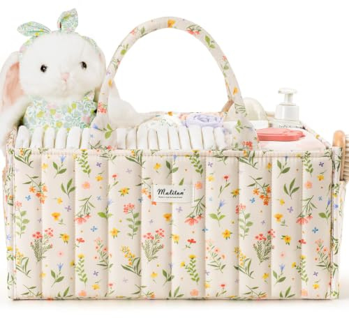 Maliton Panier Rangement Bébé, Organiseur table à langer, panier de rangement pour couches avec compartiments et poignées, essentiels nouveau-né, cadeau naissance bébé, Fleurs printanières