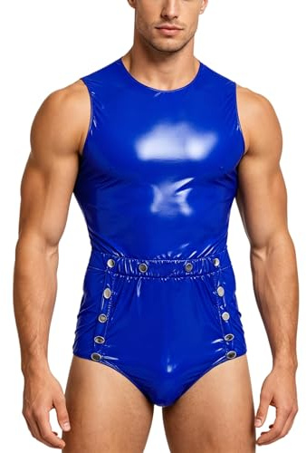FEESHOW Herr wetlook catsuit lack läder PVC overall vattentät body med dragkedja på baksidan nattkläder, fest, klubbkläder, Kungsblå, M