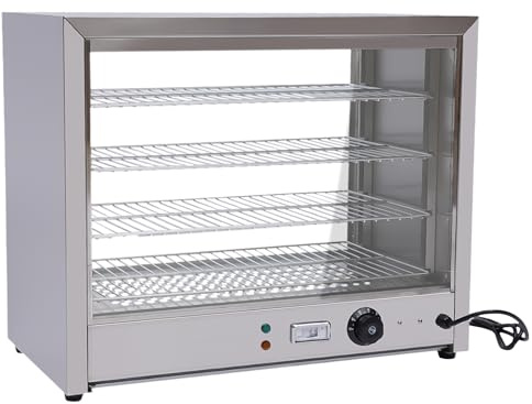 DAHAD Gastro varmhållningsvitrinskåp, 4 nivåer, värmeskåp, matvärmare, 800 W, varmhållningsbehållare med ram i rostfritt stål och glasdörr, varmhållningsvitrinskåp för pizza, hamburgare, snacks