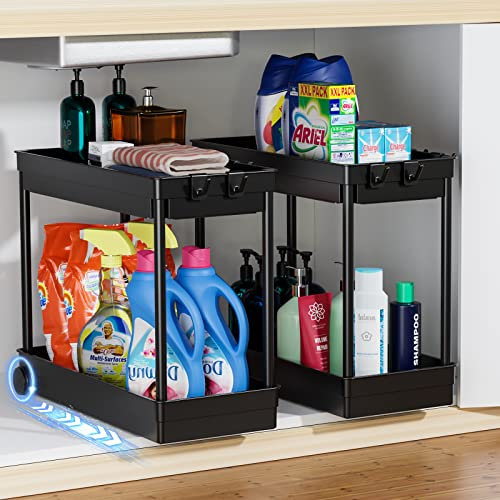 Cicilyna Under Sink Storage Kitchen Organiser, Stainless Under Sink Organiser Shelf with Hooks, 2 Tier Multi-Purpose Storage Organizer Rack for Kitchen, Bathroom & Countertop, 2 Pcs in Black (CC006B)
