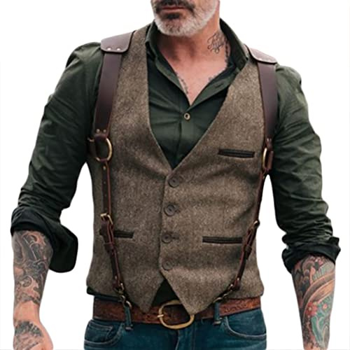 Onsoyours Gilet da Abito da Uomo Elegante Scozzese Tweed Slim Panciotto Casual Smanicato Risvolto Dentellato per Groomsmen da Sposa F Marrone S