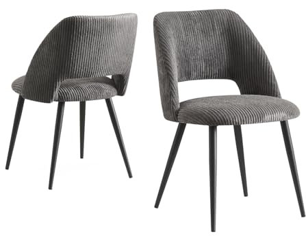 B&D home® Esszimmerstuhl Vicky 2er Set – Polsterstuhl aus hochwertigem Kordsamt in Anthrazit, ergonomisch & stabil, Metallbeine Schwarz, modern Industrial Design für Esszimmer, Küche & Büro