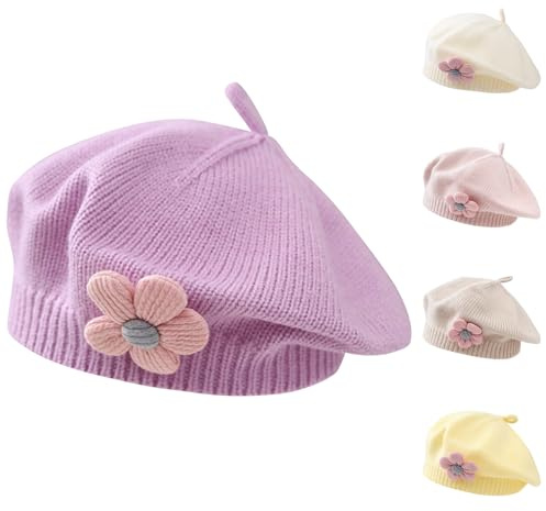 Pequeñas niñas Sombrero de Boina de Invierno cálido Beanie Cap Toddler Estilo francés Gorro de Punto del bebé Lindo Boinas de Flores (Morado)