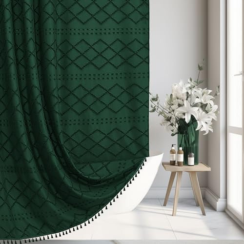 Siiluminisoy Extra Long Woven Fabric Shower Curtain Bohemian Textured Fluffy Striped Chevron Modern Minimalist Fabric Shower Curtain for Bathroom,72x78 inch Dark Green