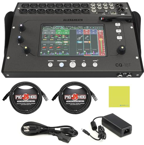 Allen and Heath CQ18T Ultra-Compact 18in / 8out Digital Mixer Wi-Fi Bundle with 2x Pig Hog PHM15 XLR Microphone Cable, Power Cable & Liquid Audio Instrument Polishing Cloth - DJ Sound Mixer Set