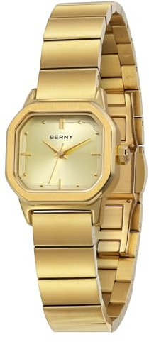 BERNY Dam Guldklocka Fyrkantiga Klockor för Dam 3ATM Vattentät Analog Quartz Klocka Rostfritt Stål Klocka Band Elegant Liten Armbandsur