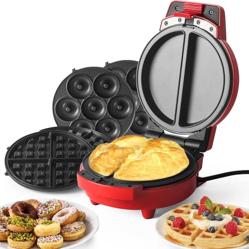 SUPERFLEX 3-in-1 Waffeleisen Rund Multifunktion Snack Machine mit 3 auswechselbaren Backplatten für Waffel, Donut, Omelette, Antihaftbeschichtung 600W