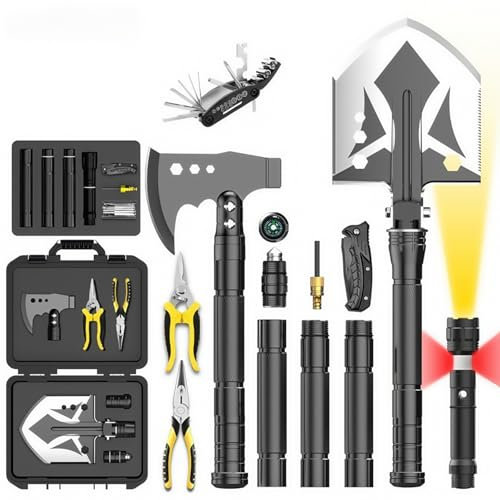 13 Stück Klappspaten Survival Axt Set - Multifunktional Überlebensschaufel Klappaxt Überlebenswerkzeuge mit Verlängerungsstange & Taschenlampe & Zange, für Radfahren, Wandern, Camping Im Freien
