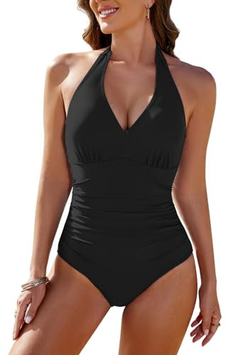 RITOSTA Badeanzug Damen Bauchweg Shape Badeanzüge Push Up Bademode Neckholder Einteiler Sexy Schwimmanzug V Ausschnitt Schlankheits Swimsuits Strandmode Rückenfrei(Schwarz,M)