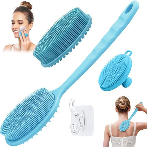 GEENOA Silicone Face & Back Scrubber Set, Manual Face & Body Scrubber Exfoliator with Soft Bristles and Non-Slip Handle, Back Brush Bath Brush with 2 Detachable Brush Heads(3PCS Blue Set)