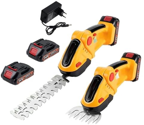 2 en 1 Cortasetos Bateria y Arreglasetos, 21V Cortasetos Electrico con Batería de 2000mAh y Cargador, Herramientas de Jardín, Tijeras de Poda, Tijeras de Césped (Amarillo con 2 Batería)