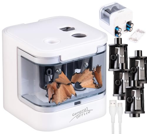 General Office Spitzer: Bleistiftspitzer, USB- & Batterie-Betrieb, 6-12 mm Ø Stifte, weiß (Elektrischer Spitzer, Batterie, Messer)
