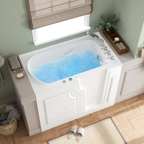 FerdY Floridian 55x33 Walk-in Whirlpool Bathtub with 16 Water SPA Jets and Right-Side Door Opening and Quick Fill and Drain System, Rectangular Soaking Jetted Bath Tub in White with LED Lights
