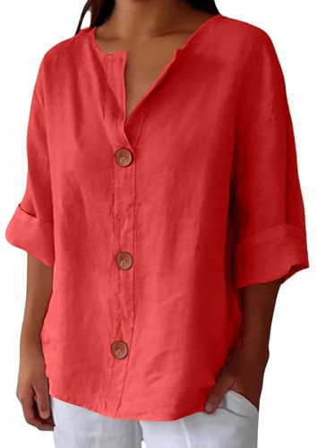 riou Camisas Mujer Manga Larga Algodón y Lino Cuello en V con Botones Primavera Verano Camisa Informal Color Sólido Camiseta Casual Sueltas Trabajo Oficina Fiesta Tops T-Shirt Original