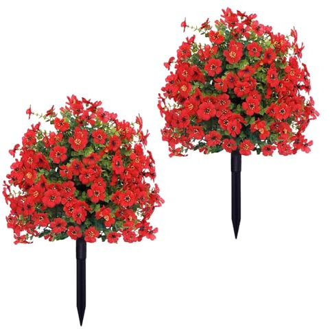2pcs 23.6in Artificial Violet Topiary Ball Trees with Ground Spikes, UV Fade Resistant Fake Plants, Artificial Plants Outdoor, Faux Greenery Shrubs for Home Garden Yard Patio Decor (red)