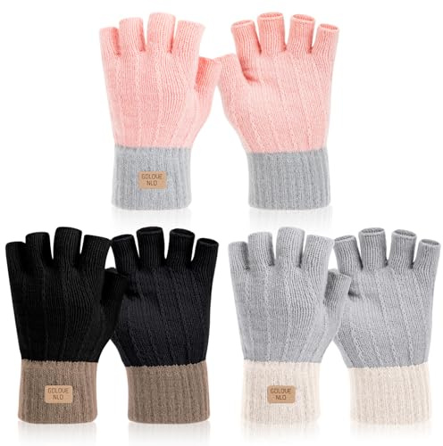 BQMEZRNUS 3 Pairs Fingerless Gloves for Women, Ladies Thermal Knitted Half Finger Gloves for Winter, Typing, Outdoor Activities
