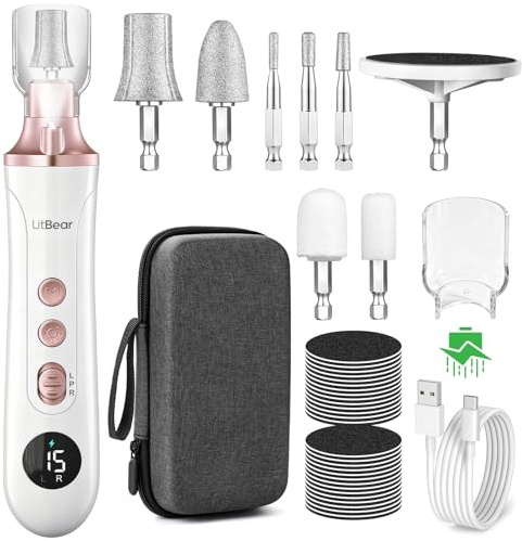 Litbear Electric Nail Drill File Set, 15 Speed Professional Nail Grinder for Thick Toenails, Cordless Pedicure Manicure Tool Callus Remover for Women Men Senior Hand Feet Care, Home Salon Use (White)