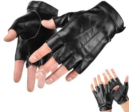 Fingerless PU Leather Gloves for Men Women, Black Faux Leather Gloves Half Finger with Anti-Slip Layer for Driving Riding Outdoor
