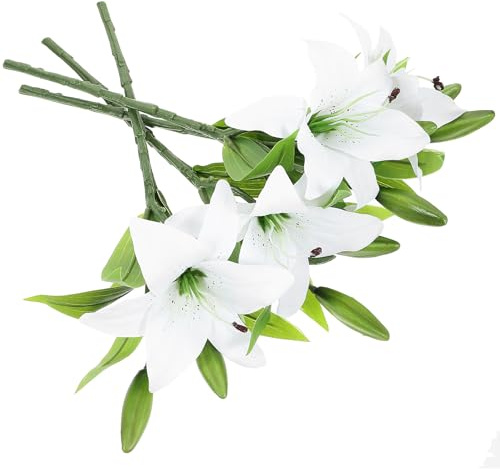 BAZEITFLOW Bouquet di Gigli Finti 4 Pezzi Fiore di Giglio Decorativo Bianco in PVC Resistente Simulazione Realistica per Matrimoni Feste e Decorazioni Casa