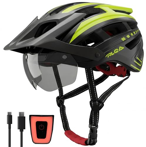 RLQA Fahrradhelm Herren Damen, MTB/Rennrad Helm mit Abnehmbarer Magnetischer Visier & Brille, Radhelm mit 24 Luftungsschlitzea, LED Rucklicht, Reithelm Verstellbare GroBe (L:58-61cm, Schwarz&Gelb)