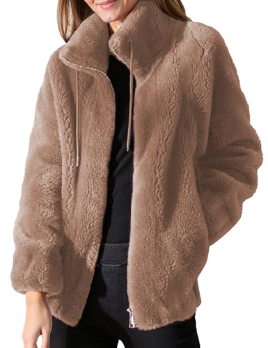 Women's Fleece Jacket Ladies Lightweight Warm Full Zip Coat Bed Jacket with Pockets Causal Solid Color Long Sleeve Elegant Callor Lapel Cardigans Teddy Fleece Outwear (a-BW2, L)