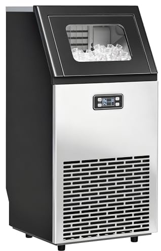 HOMCOM Machine à glaçons commerciale 45 kg/24 h avec capacité de stockage de 11 kg, machine à glaçons autonome en acier inoxydable avec écran LCD, auto-nettoyage, minuterie pour restaurant, bar, café