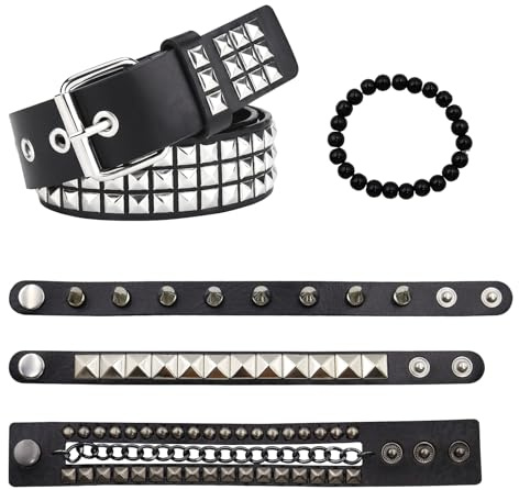 CATELL Y2K Gürtel Schwarz Nietengürtel mit 4 Nietenarmband Unisex Nietengürtel Damen Punk Rock Grunge Accessoires Studded Belt für 80er-Jahre Party Cosplay Konzert Weihnachten Halloween