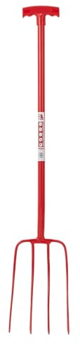 Red Gorilla 4 Prong Manure Fork with T Handle Red Lightweight For Stable Bedding Mucking Out Metal Pitchfork for Hay and Garden Compost 114cm Long