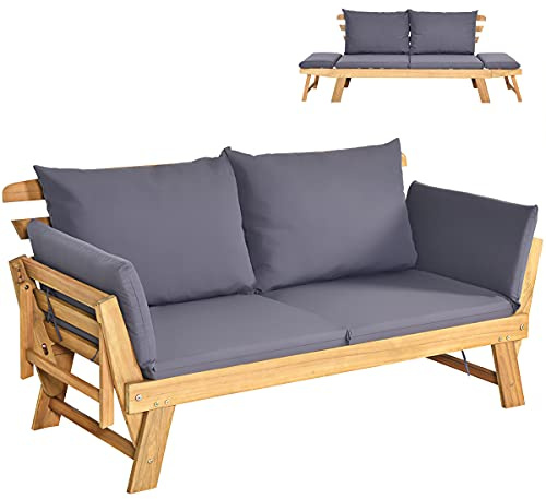 COSTWAY Outdoor Sofa Bed, 3 in 1 Convertible Cushioned Loveseat Lounger Couch with Folding Armrests and Pillows, Garden Patio Yard Wooden Recliner Chair Daybed (Dark Grey)