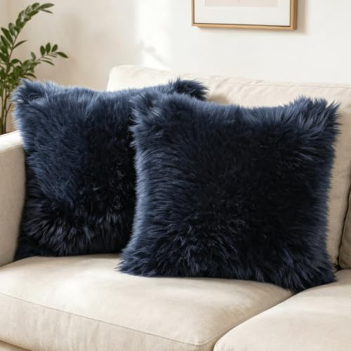 OYIMUA Soft Faux Fur Cushion Covers 45x45cm Navy Blue Set of 2 for Sofa Bed | Fluffy Decorative Pillow Covers 18x18 for Living Rooms,Bedrooms,Offices,Machine Washable,Hidden Zipper,Fade-Resistant