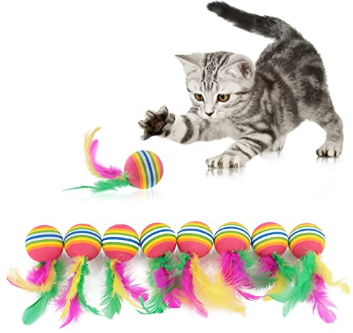 Molain Lot de 8 boules de chat en plumes arc-en-ciel pour chat, jouet interactif pour chatons, boules colorées, intérieur, extérieur, chatons, mâcher, entraîner, chasser