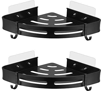 LEADAHEAD Black Shower Corner Shelf with No Drilling Adhesive Pads Shower Caddy Basket with 4 Hooks Rustproof Bathroom Space Aluminum Storage Rack Wall Mounted Shower Organiser | 2 Pack