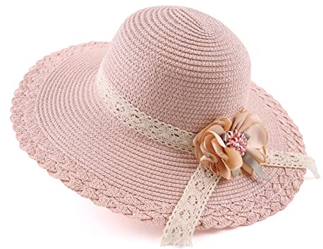 Baby Girl Straw Hat 3-6 Years Girls Summer Beach Hats with Bowknot Sun Protection Hats for Kids (Pink Flower)