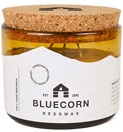 Bluecorn Beeswax 3-Wick Candle, 100% Pure Bees Wax, Amber Glass, Fragrance Free Candle Wax, Soy Free, Clean Burning, Long Lasting (40 Hr), Home Decor, Gifts for Women & Men, American Made, 22 Oz, 1 Ct