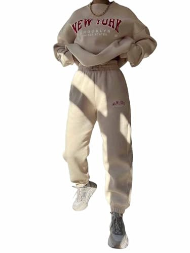 SHEKINI Tuta da donna a due pezzi tuta tuta outfit stampa lettere abiti per il tempo libero da donna caldo outfit completo manica lunga pullover jogger pantaloni della tuta, Rosa albicocca, XXL