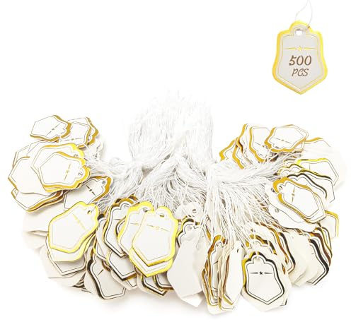 Haohai 500 cartellini dei prezzi per gioielli con cordino attaccato, etichette dei prezzi in carta, etichette per display per abbigliamento, etichette per marcatura con cordino elastico (Oro, a forma