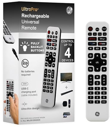 GE Rechargeable TV Remote Control, Universal Remote Control, Backlit Buttons, Samsung TV Remote Control Replacement for Smart TVs, Apple TV, Sony, Roku Replacement Remote, LG TV, 4-Device, 80984