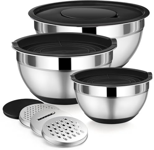 P&P CHEF Mixing Bowl with Lids Set of 3, Stainless Steel Nesting Salad Bowls for Serving Preparing, 3 Grater Attachments & Non-Slip Bottoms, Size 1.5/2.6/4.6 QT, Black