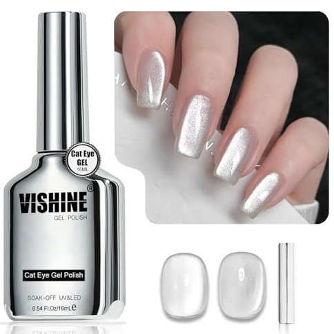 Vishine Vernis Gel Effet Œil de Chat – 16ml Gel Magnétique Holographique Pailleté, Gel UV Réfléchissant Translucide pour Nail Art, Poussière d’Argent (H003)