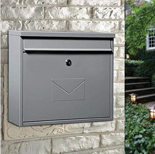 Wall-Mount Mailbox Classic Post Box Mailbox Wall Mounted Lockable Postbox Letterbox Galvanized Steel Waterproof Parcel Drop Box Outdoor Front Door Safes Postbox-Brown (Grey) (Grey)