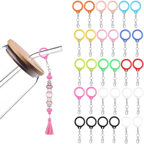 Frinnovan, 30 Packs Straw Charm Adapters 8mm Dangle Straw Toppers Cups Charm Clips Silicone Straw Pendants Straw Charms Props for Decorations Cup Accessories Tumbler Colorful (13mm not with Bars)