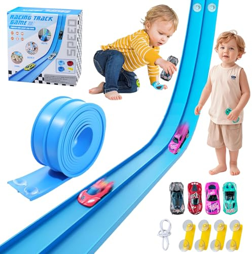 Car Track 4.5m Flexible Toy Car Track, Flexible Car Race Track with 4 Diecast Cars And 6 Suckers Rolls Up Dual Race Track for Loops Jumps Ramps, Birthday Gifts for 4+ Year Boys Girls