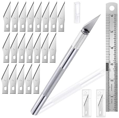 Präzisions-Skalpell Set mit 20 Ersatzklingen, Rutschfester Griff, Lineal, Sicherheitskappe, Bastelmesser für Modellbau und Handwerk